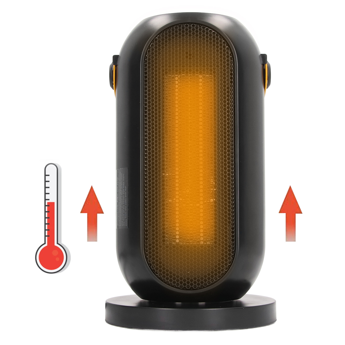 Schwarzer Elektroheizer mit orangefarbenem Glühen. Thermometer daneben und rote Pfeile.