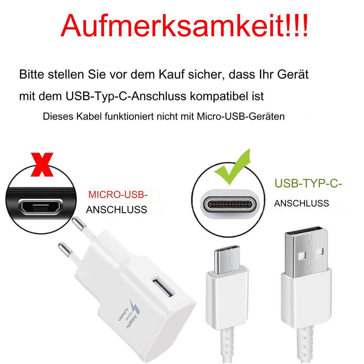 Ein Bild zeigt ein Ladegerät, ein USB-C-Kabel und ein Micro-USB-Kabel, mit Text zur Kompatibilität.