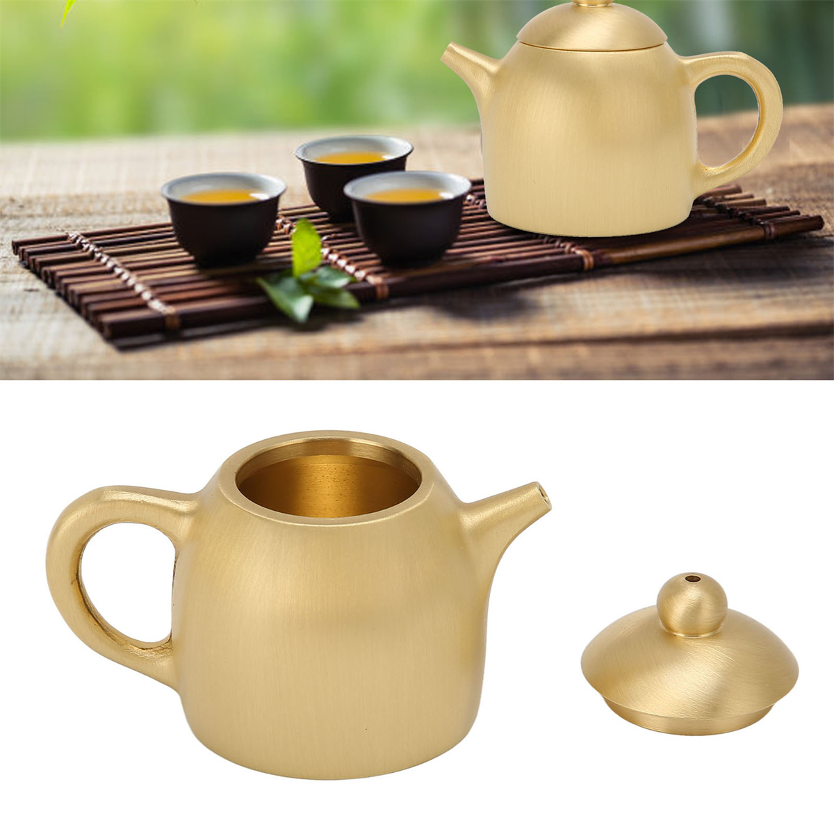 Eine goldene Teekanne mit zwei Teetassen mit Tee und einer Bambusmatte sowie eine Nahaufnahme der Teekanne und des Deckels.