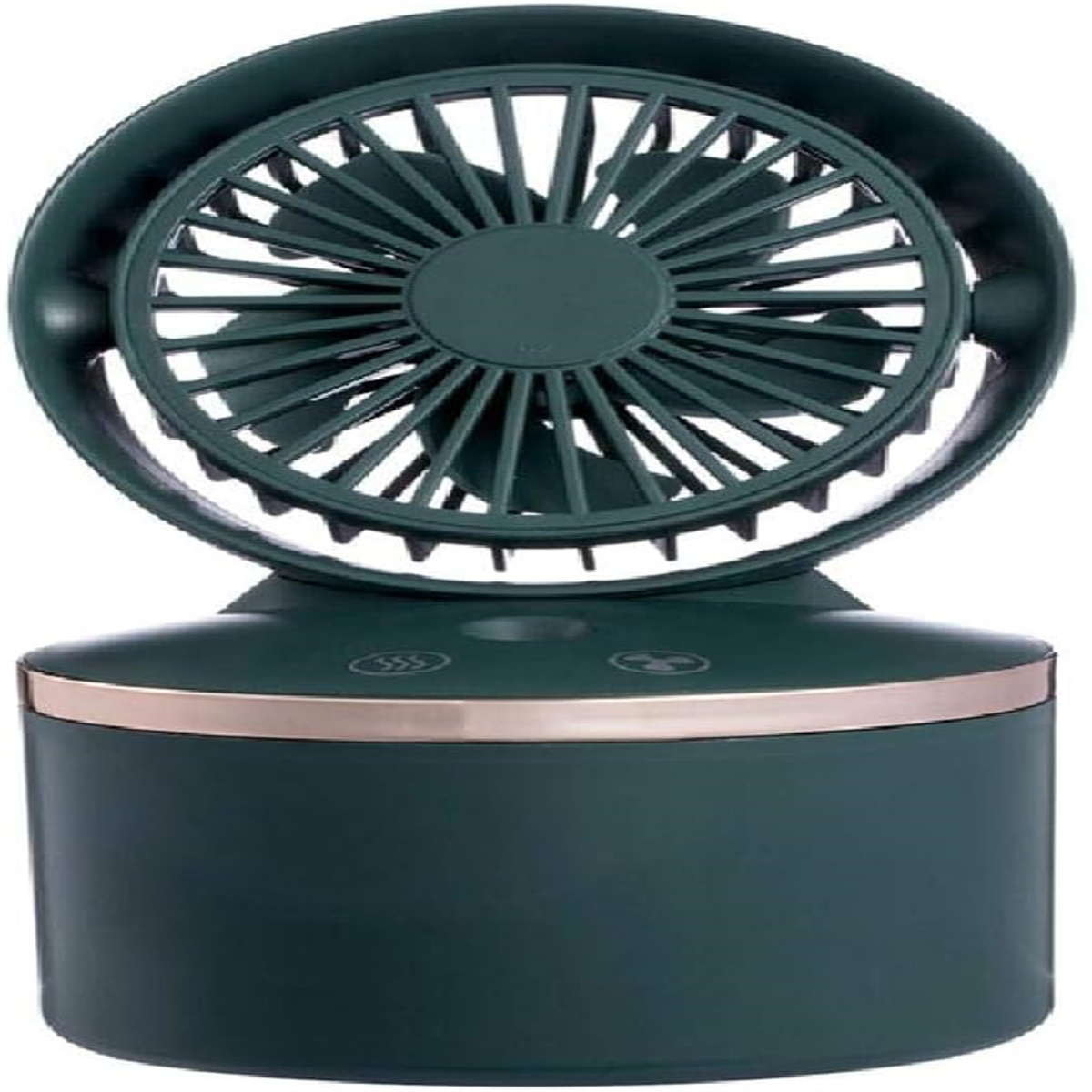 Grüner Schreibtischventilator mit rotierenden Flügeln. Goldbesatz, zwei Knöpfe am Sockel. Weißer Hintergrund.