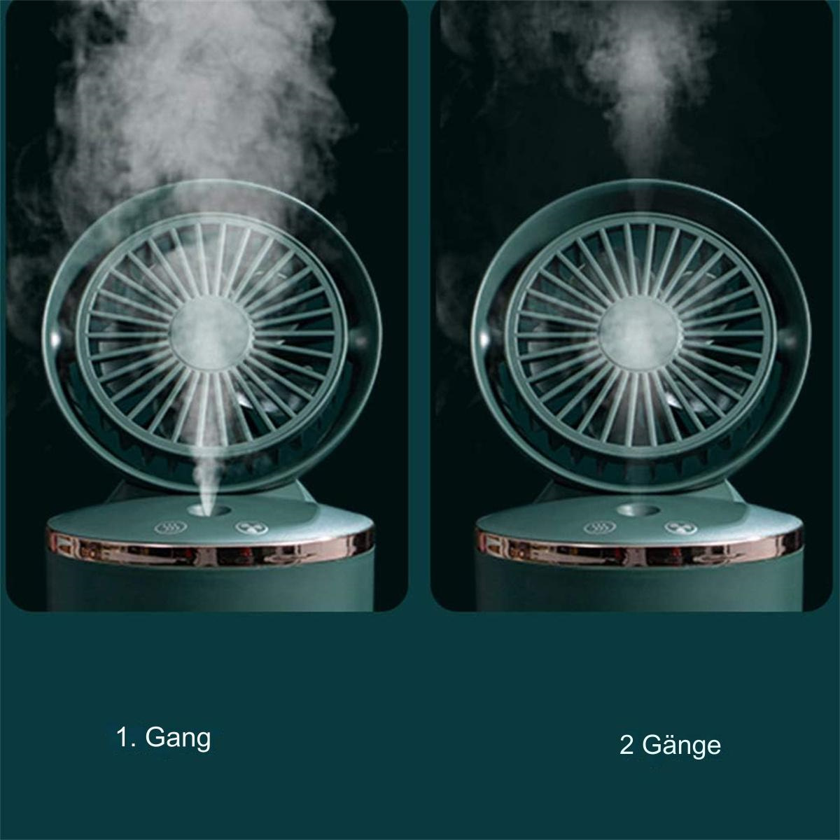 Zwei Luftbefeuchter mit Lüfterdesign. Einer ist an und zeigt Nebel. Etiketten zeigen verschiedene Geschwindigkeiten.
