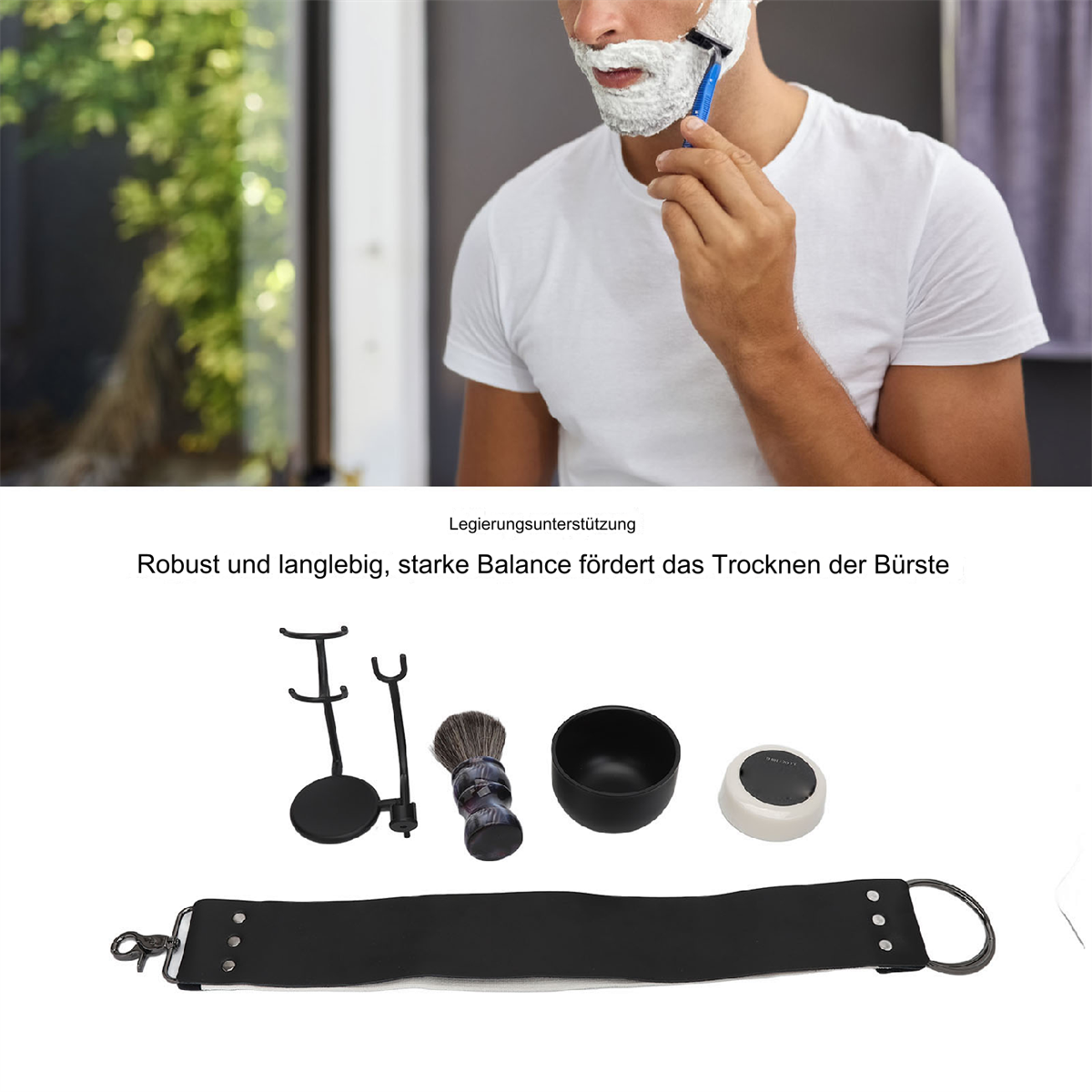 Ein Mann rasiert sich. Rasier-Set mit Pinsel, Schüssel, Ständer und Abziehriemen ist ausgelegt.