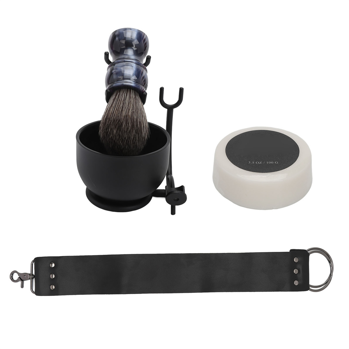 Rasier-Set mit Pinsel, Schale, Seife und Abziehriemen. Schwarz-Weiß-Farben.