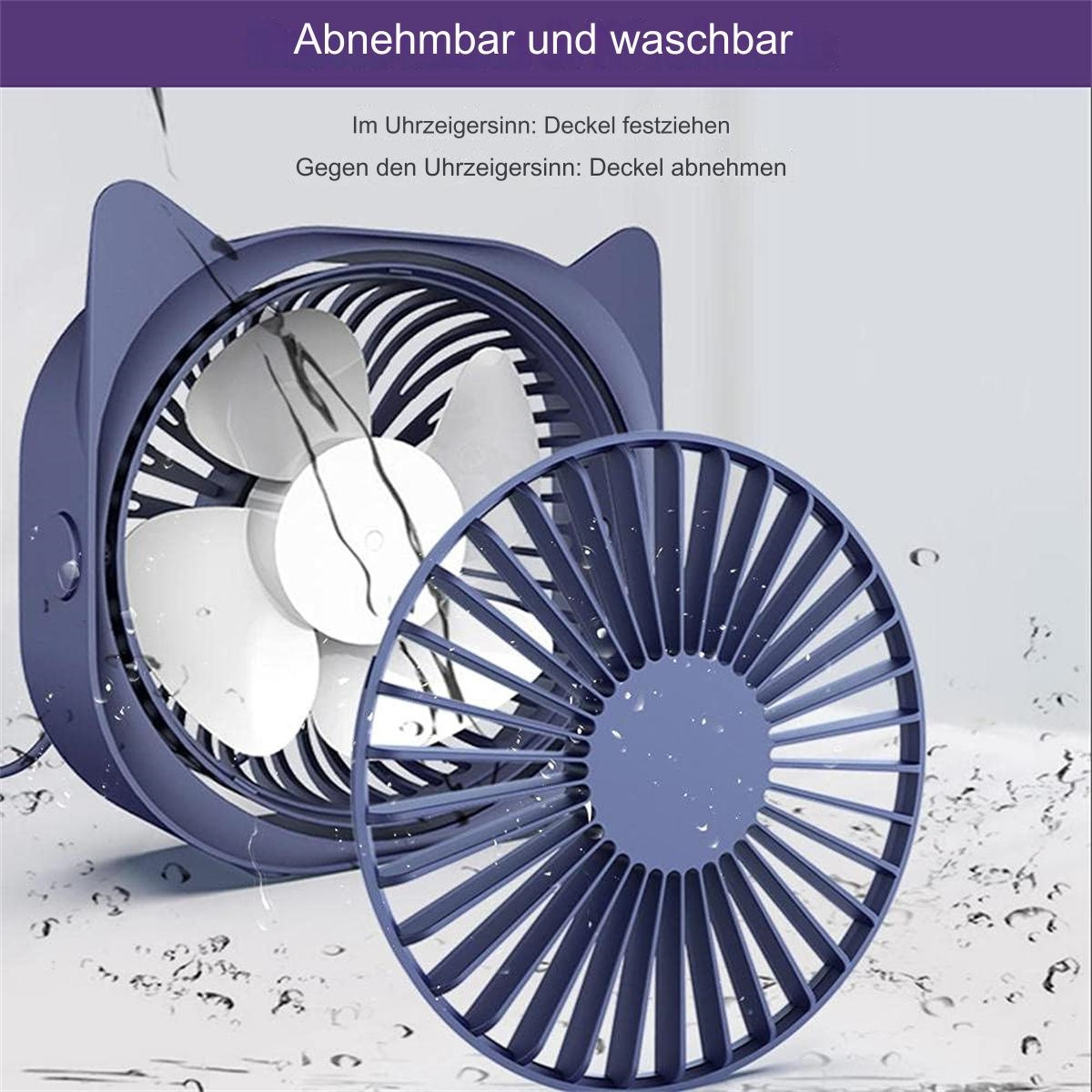 Ein blauer, katzenförmiger Ventilator mit offenen Flügeln und einem abnehmbaren, kreisförmigen Deckel wird gezeigt.