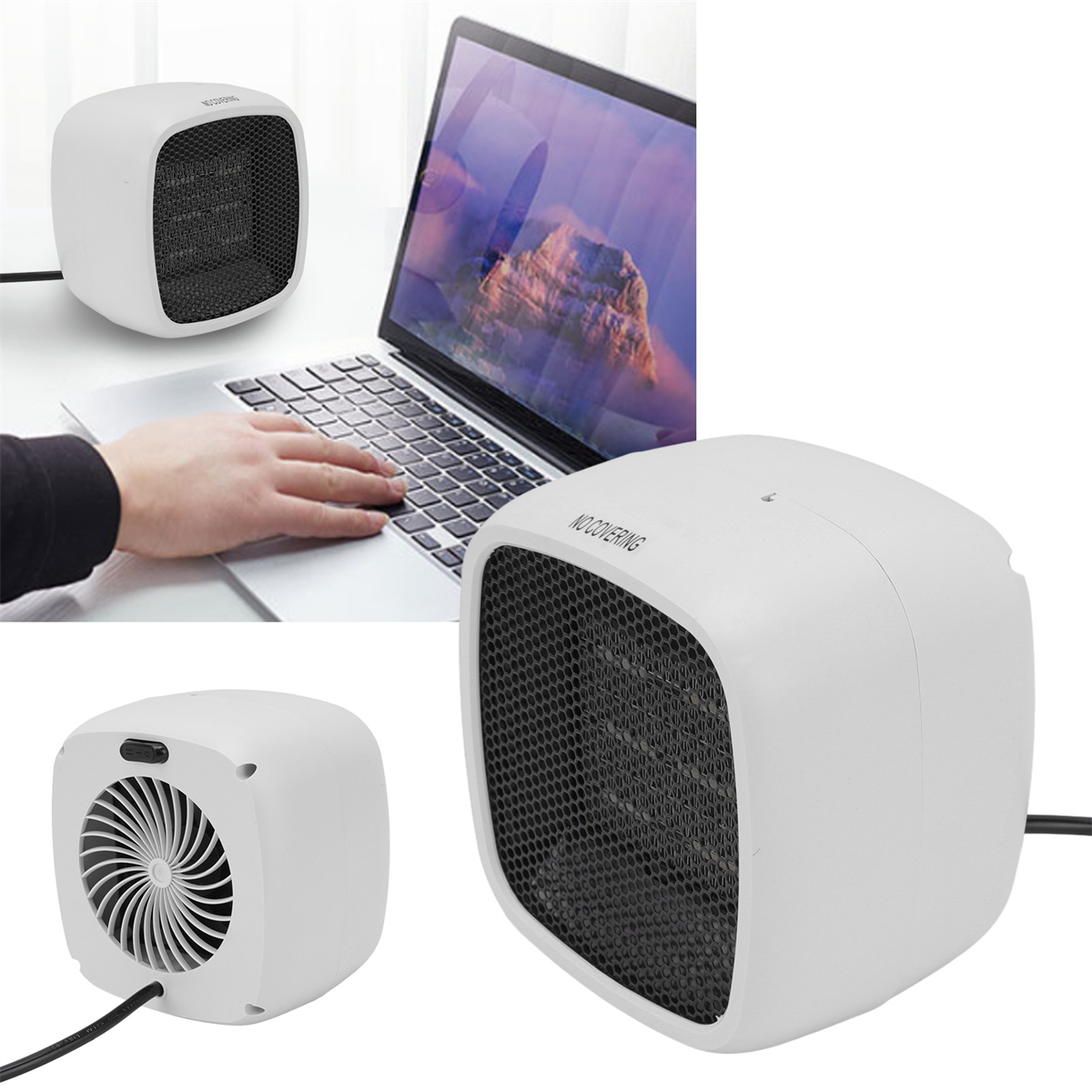 Weißer Mini-Heizlüfter auf einem Schreibtisch mit Laptop im Hintergrund, Person benutzt den Laptop.
