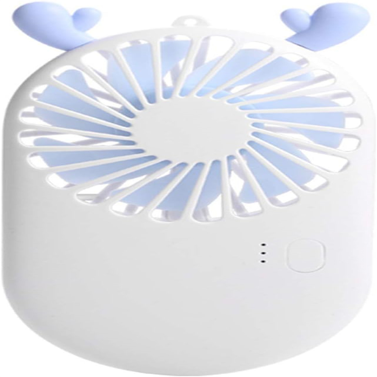 Weißer tragbarer Ventilator mit blauen Geweihen und Lüfterflügeln. Er hat drei Punkte und einen Knopf.