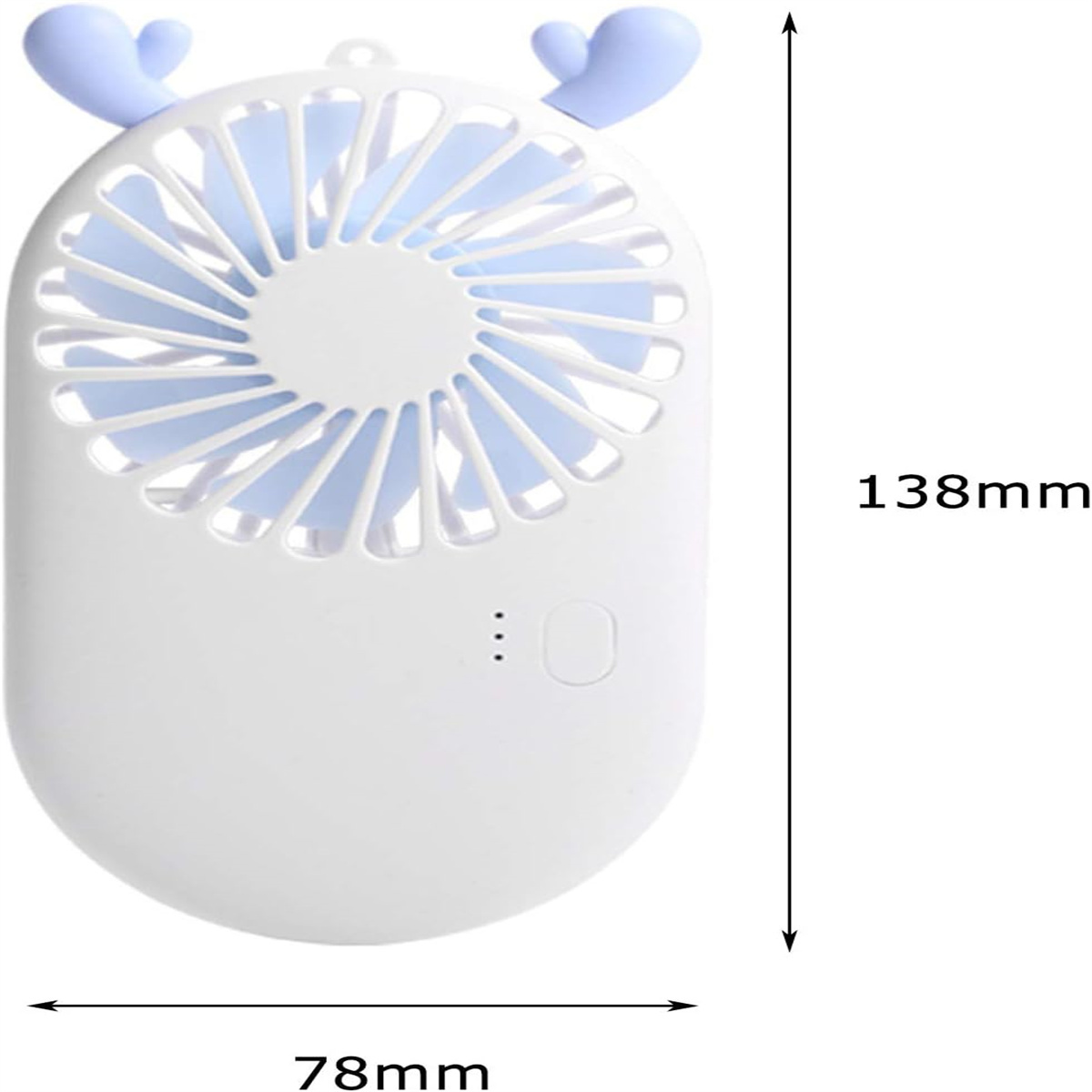 Ein weißer Mini-Ventilator mit blauen Hörnern, einem Lüfterrad und den Maßen 138mm x 78mm.