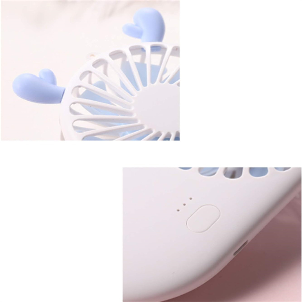 Nahaufnahme eines weiß-blauen Ventilators mit blauen Akzenten. Details.