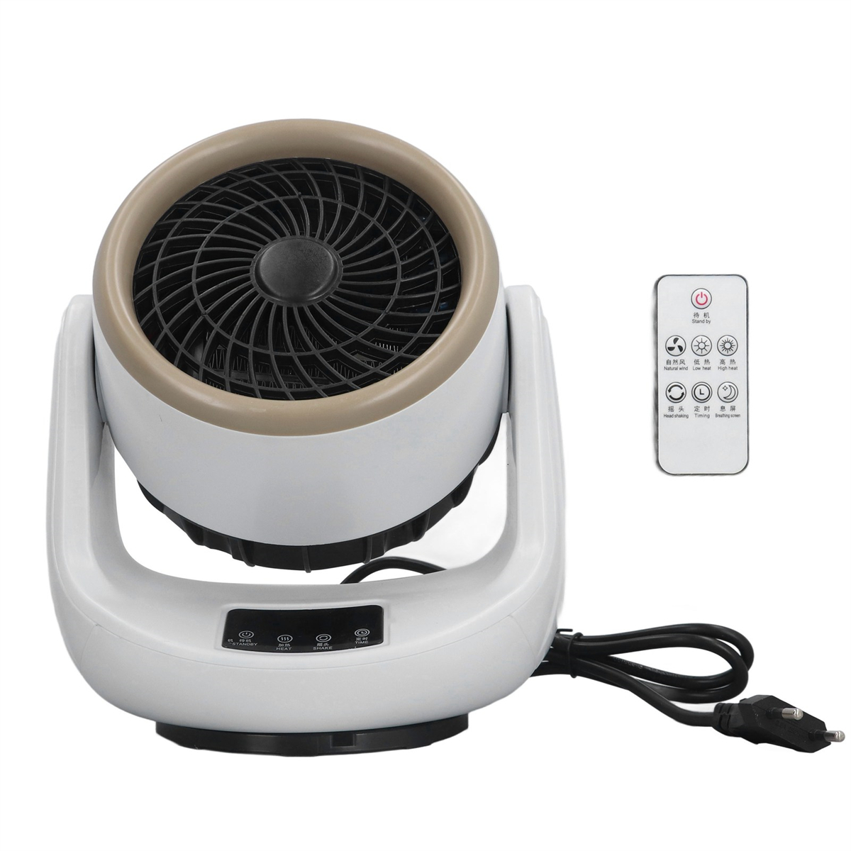 Ein weiß-beigefarbener Mini-Ventilator mit Fernbedienung. Der Ventilator hat ein schwarzes Gitter und ein rundes Design. Die Fernbedienung ist vorhanden.