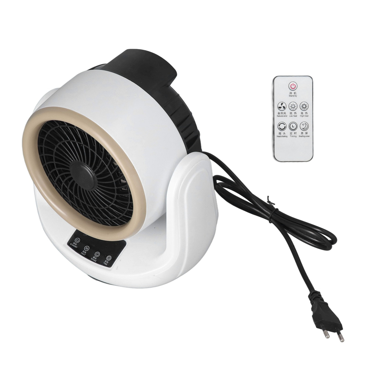 Weiß-beiger Ventilator mit schwarzem Gitter und Fernbedienung. Er hat Knöpfe und ein Netzkabel. Die Fernbedienung hat Tasten.