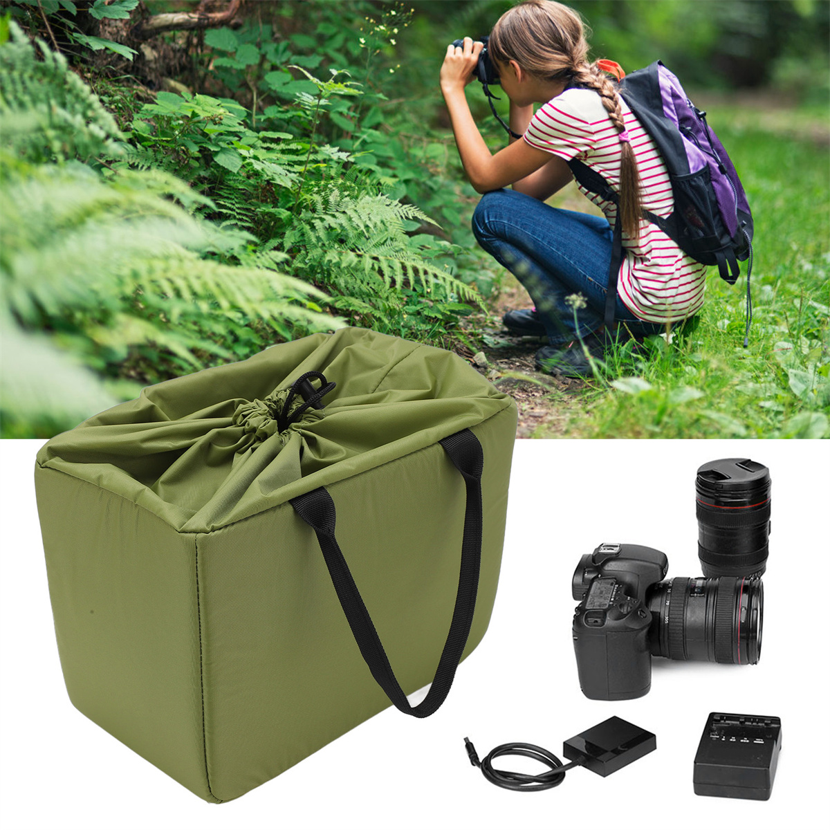 Eine Frau, die im Wald fotografiert, eine grüne Kameratasche und Fotoausrüstung daneben.