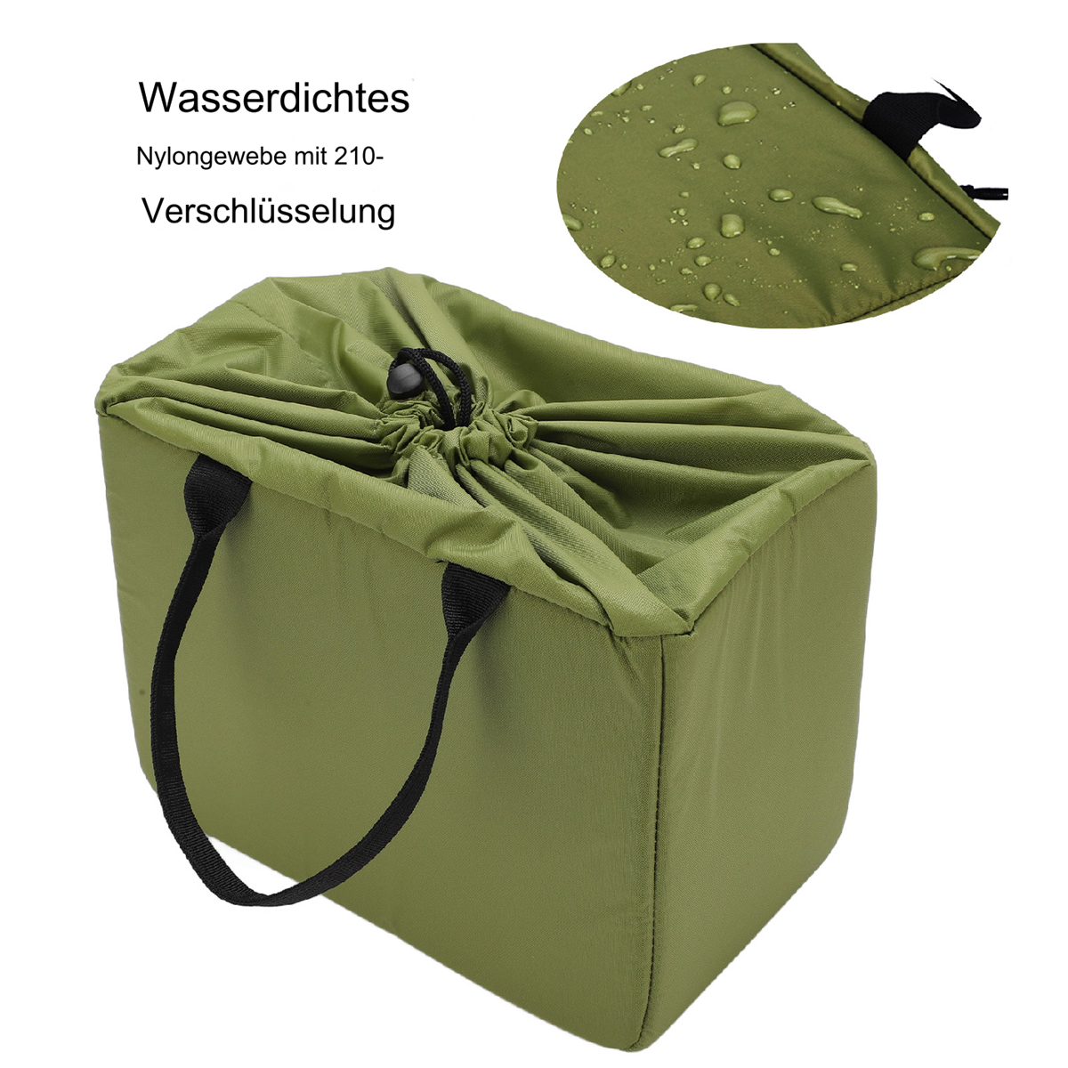 Grüne Aufbewahrungstasche mit Kordelzug und schwarzen Griffen, mit Nahaufnahme des Materials.