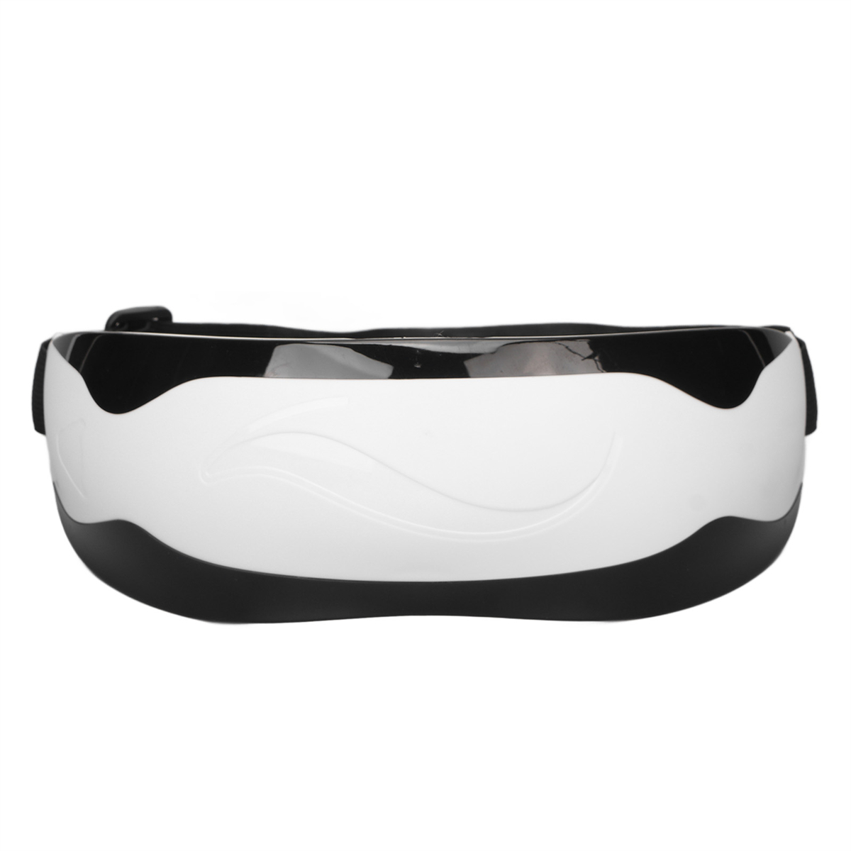 Weißes VR-Headset mit schwarzen Akzenten. Es hat ein geschwungenes Design mit einem schwarzen Riemen.