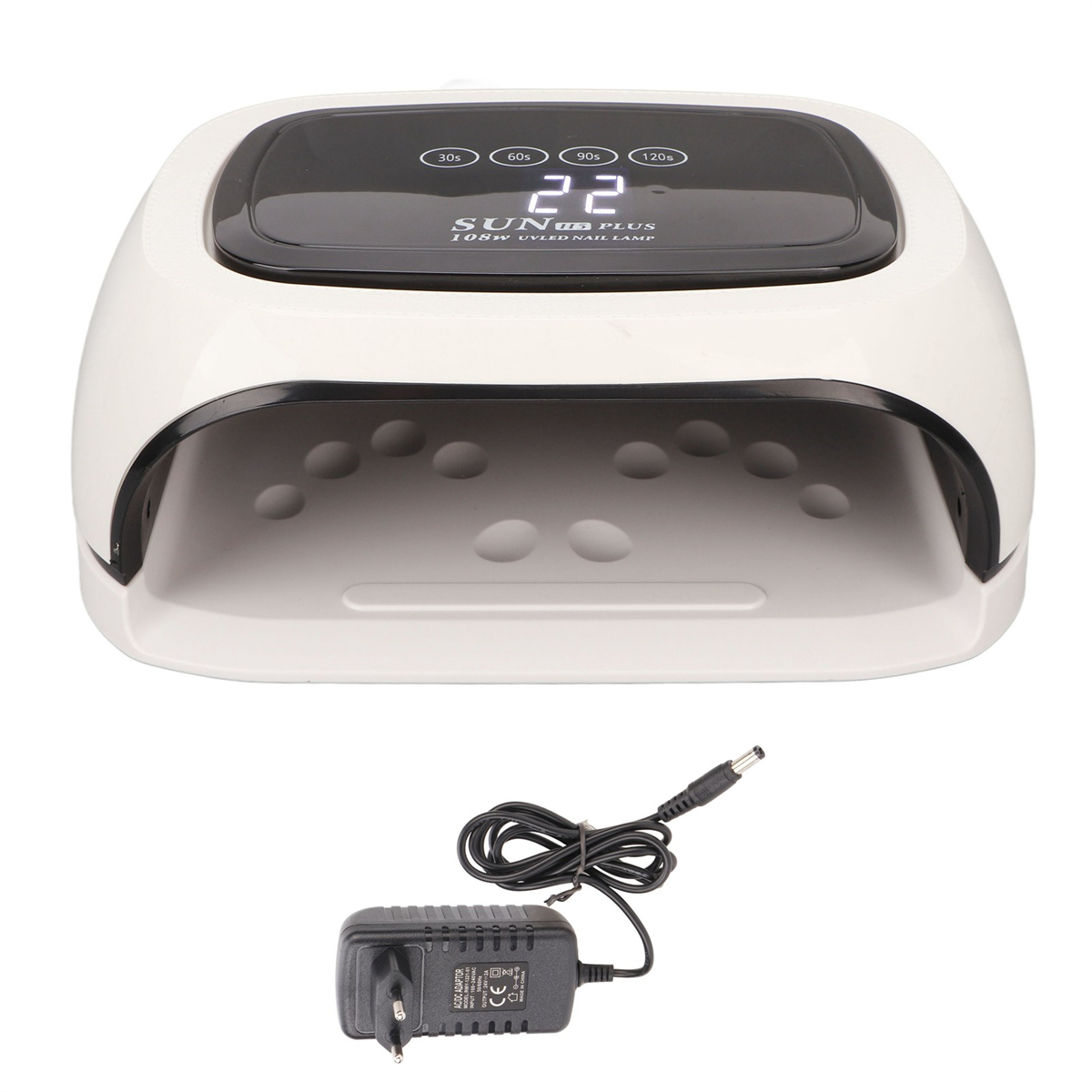 Weiße UV-LED-Nagellampe mit Digitalanzeige und Netzadapter mit Netzkabel.