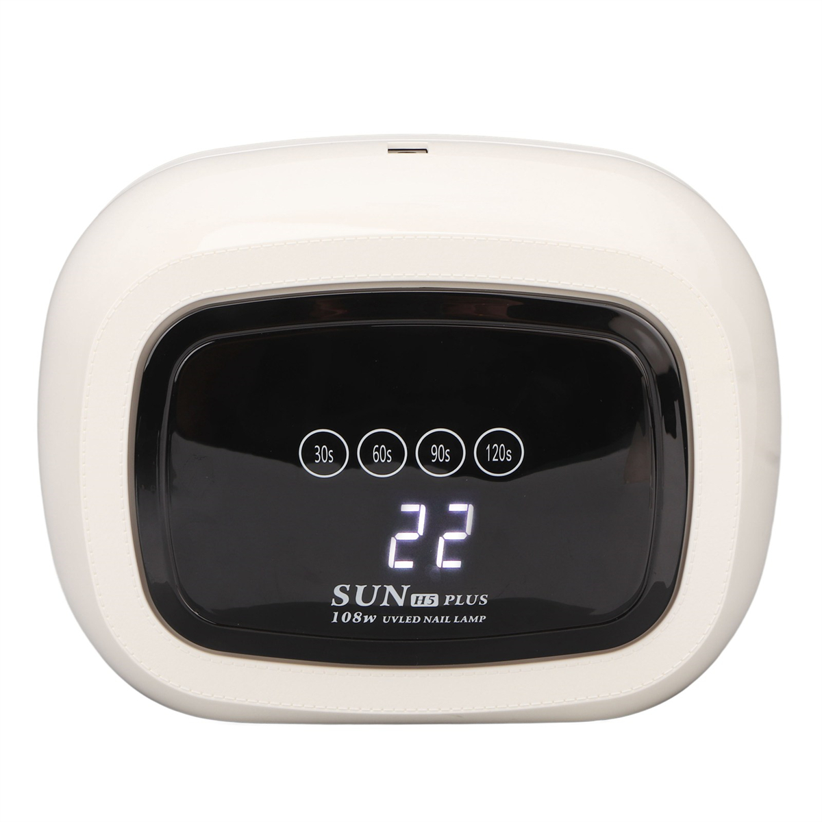 Eine weiße UV-Nagellampe mit schwarzem Display, das Timereinstellungen und einen Countdown anzeigt.