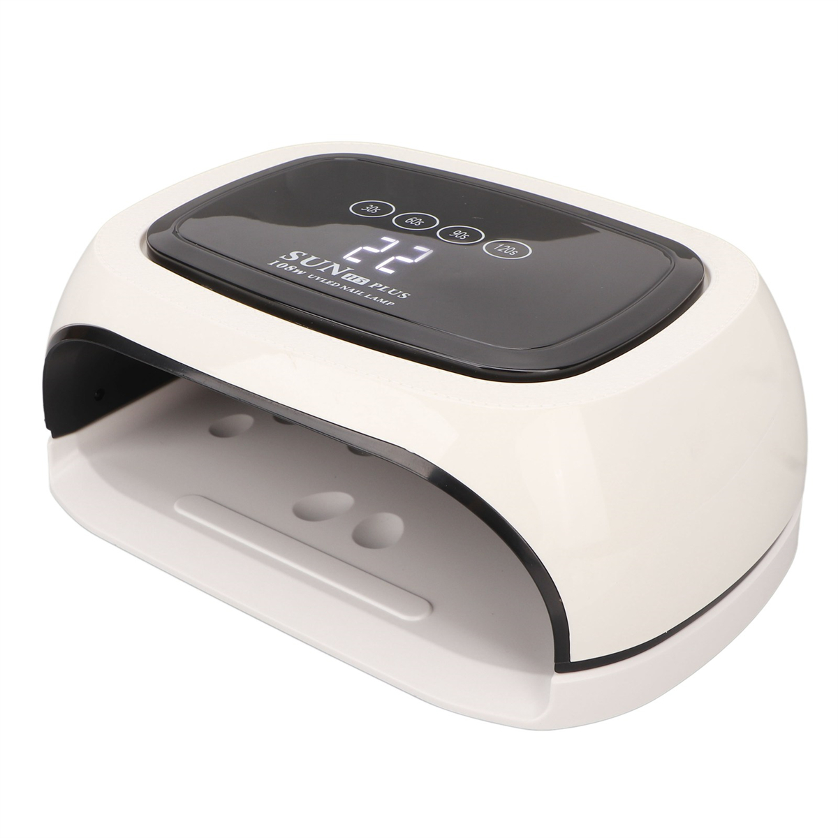 Ein weißer Nageltrockner mit schwarzem Oberteil, der einen digitalen Timer und Bedientasten anzeigt.