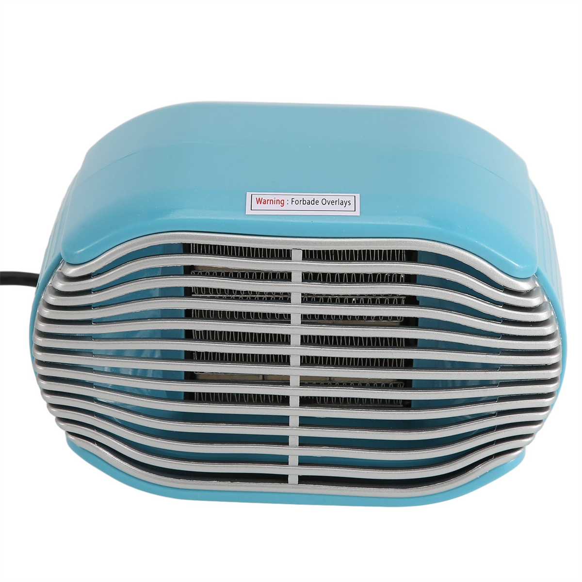 Blauer Heizlüfter mit silbernem Grill und einem Warnhinweis.