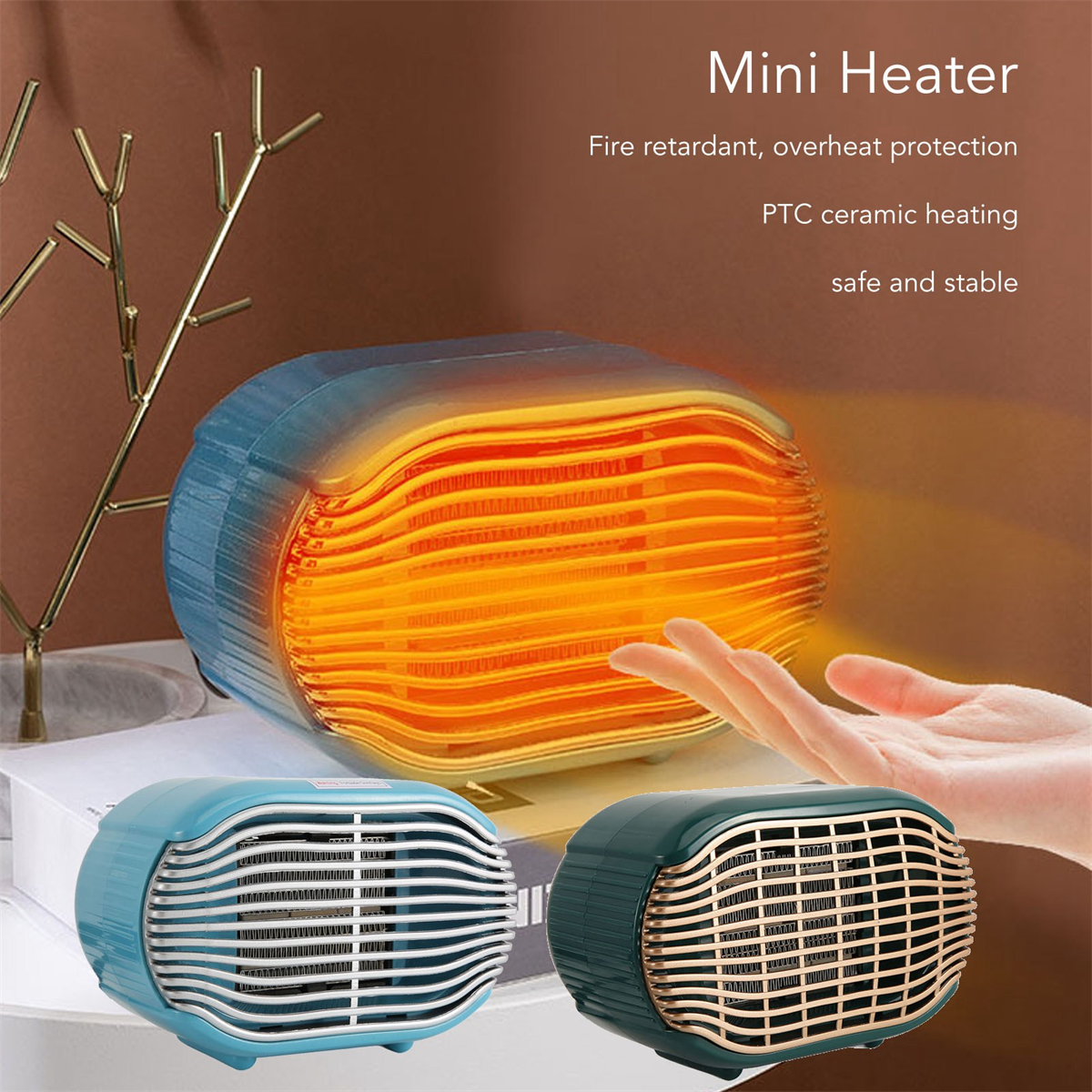 Mini-Heizungen, blau und grün, mit orangefarbenen Heizelementen.