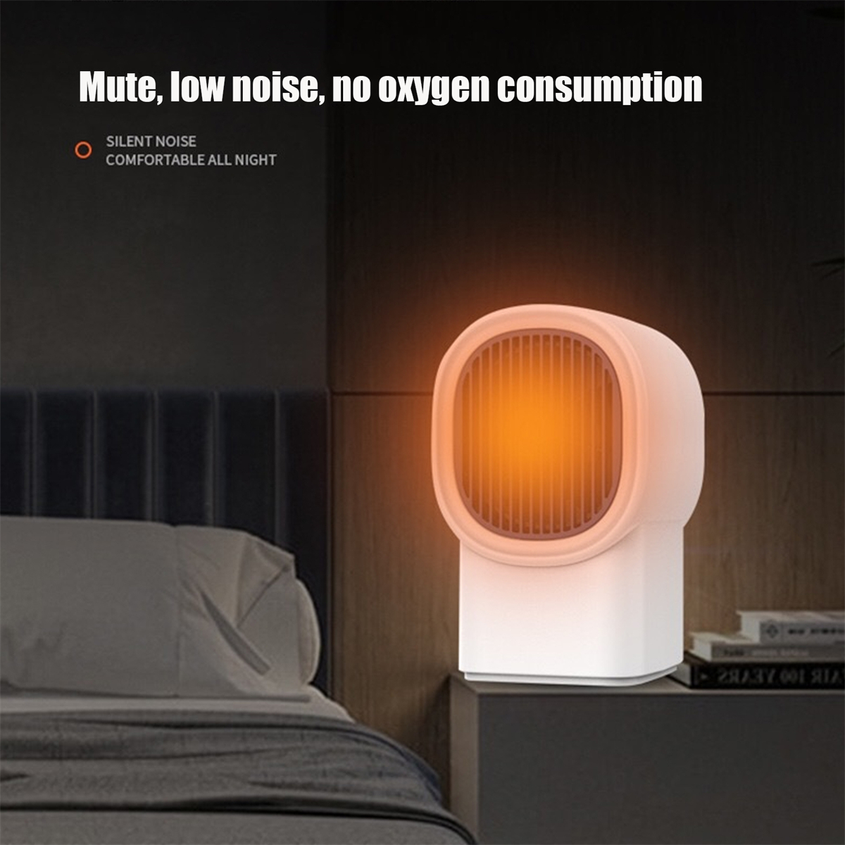 Kleiner weißer Heizlüfter mit orangefarbenem Schein. Text oben: Mute, low noise…