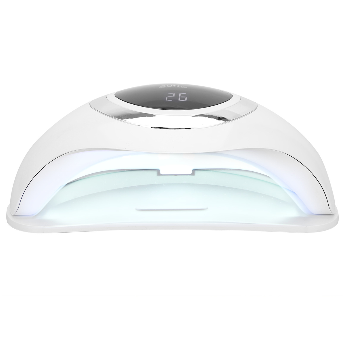 Eine weiße Nagelhärtungslampe mit digitaler Anzeige und geschwungenem Design. Die Lampe ist eingeschaltet.