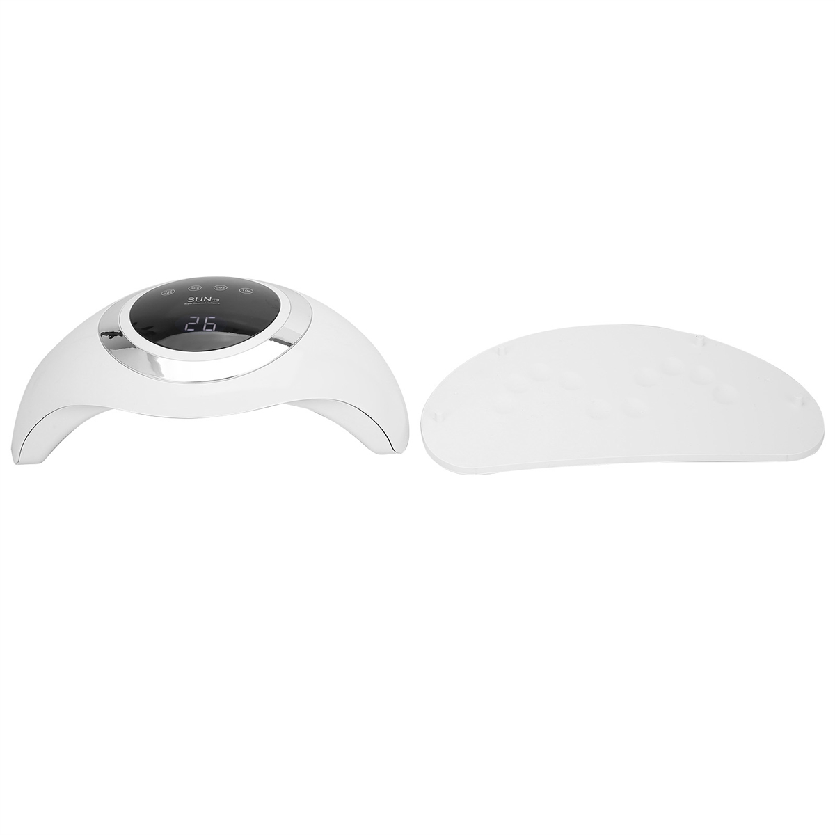 Eine weiße UV-Nagellampe mit abnehmbarer Basis. Die Lampe hat eine Digitalanzeige.