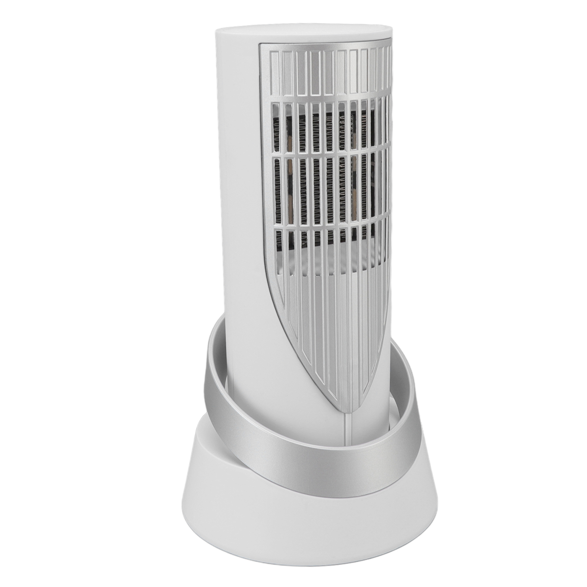 Weißer, zylindrischer Turmventilator mit silbernen Akzenten und rundem Sockel. Der Ventilator hat Schlitze.