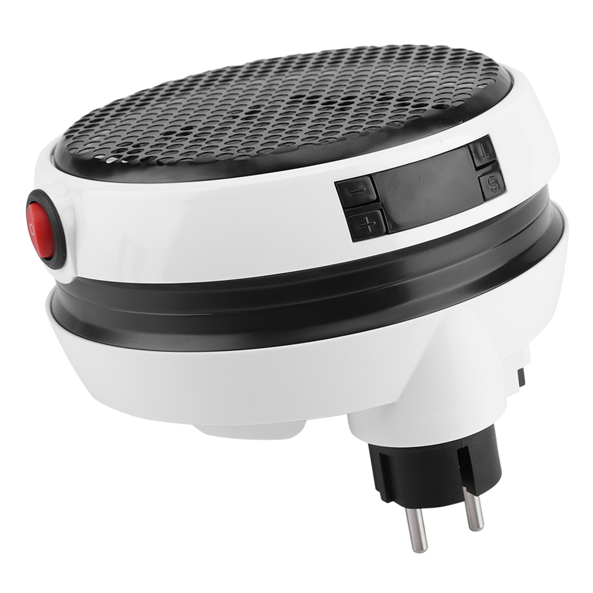 Weiß-schwarze elektrische Heizung mit Netzstecker. Schwarzes Gitter oben.