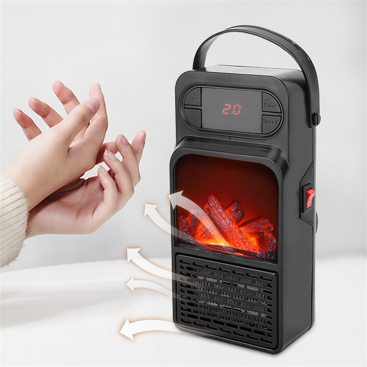Schwarze Heizung mit Flammeneffekt. Hände sind in der Nähe der Heizung. Pfeile zeigen den Luftstrom.