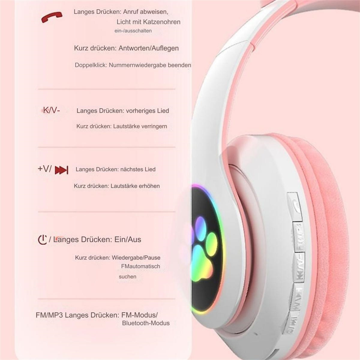 Rosa und weiße kabellose Kopfhörer mit Pfotenabdruck und Steuertasten. Text beschreibt die Tasten.
