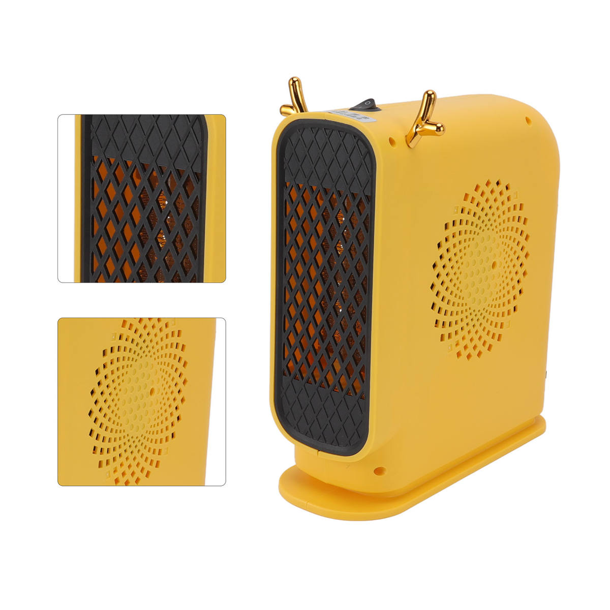 Gelber Elektroheizer. Geweihartiges Design. Belüftete Vorder- und Seite. Weißer Hintergrund.