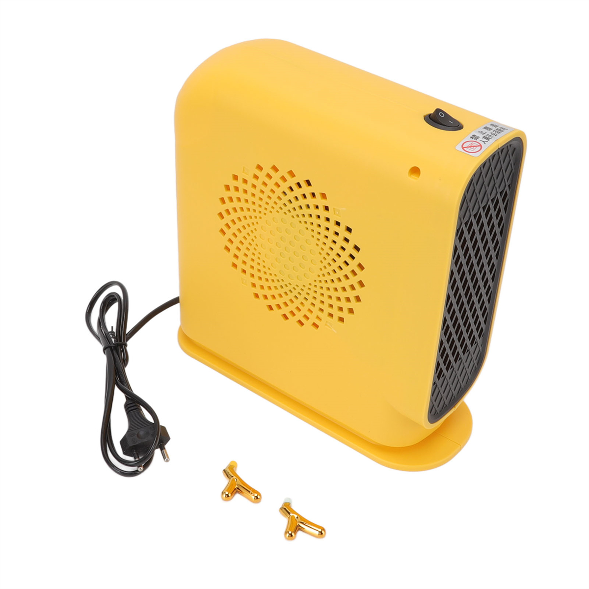 Ein gelbes Elektroheizgerät mit schwarzem Netzkabel und zwei kleinen goldenen Füßen. Der Hintergrund ist weiß.