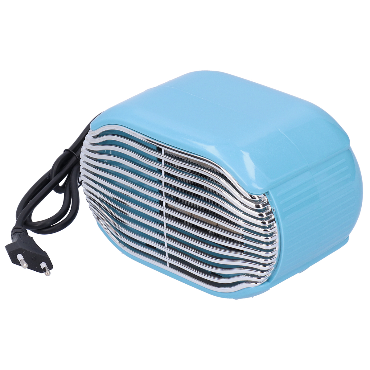 Blauer Retro-Elektroheizer mit Chromgrill und schwarzem Netzkabel und Stecker.