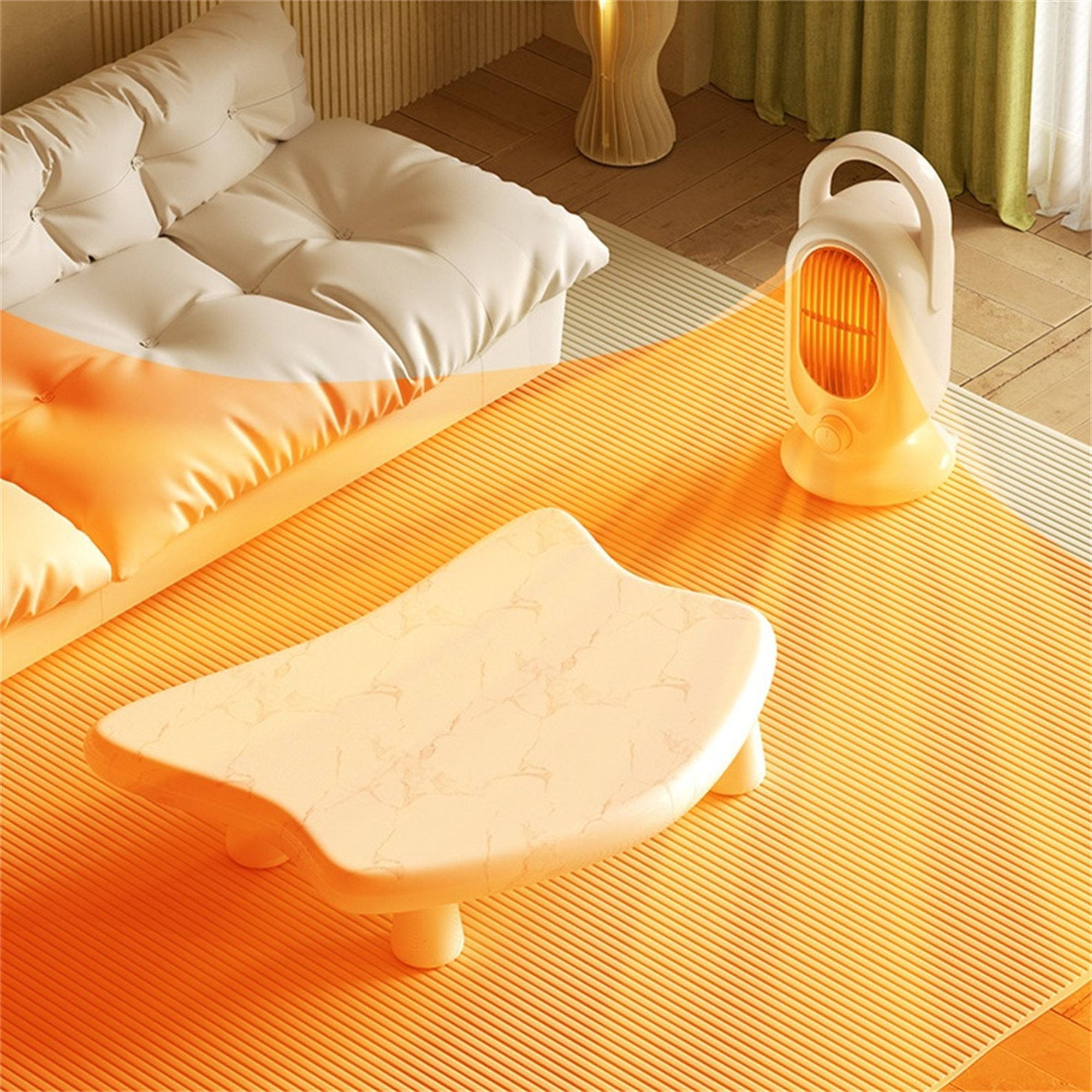 Ein orangefarbener Raum mit Sofa, Tisch und Heizung, alles in Orangetönen.
