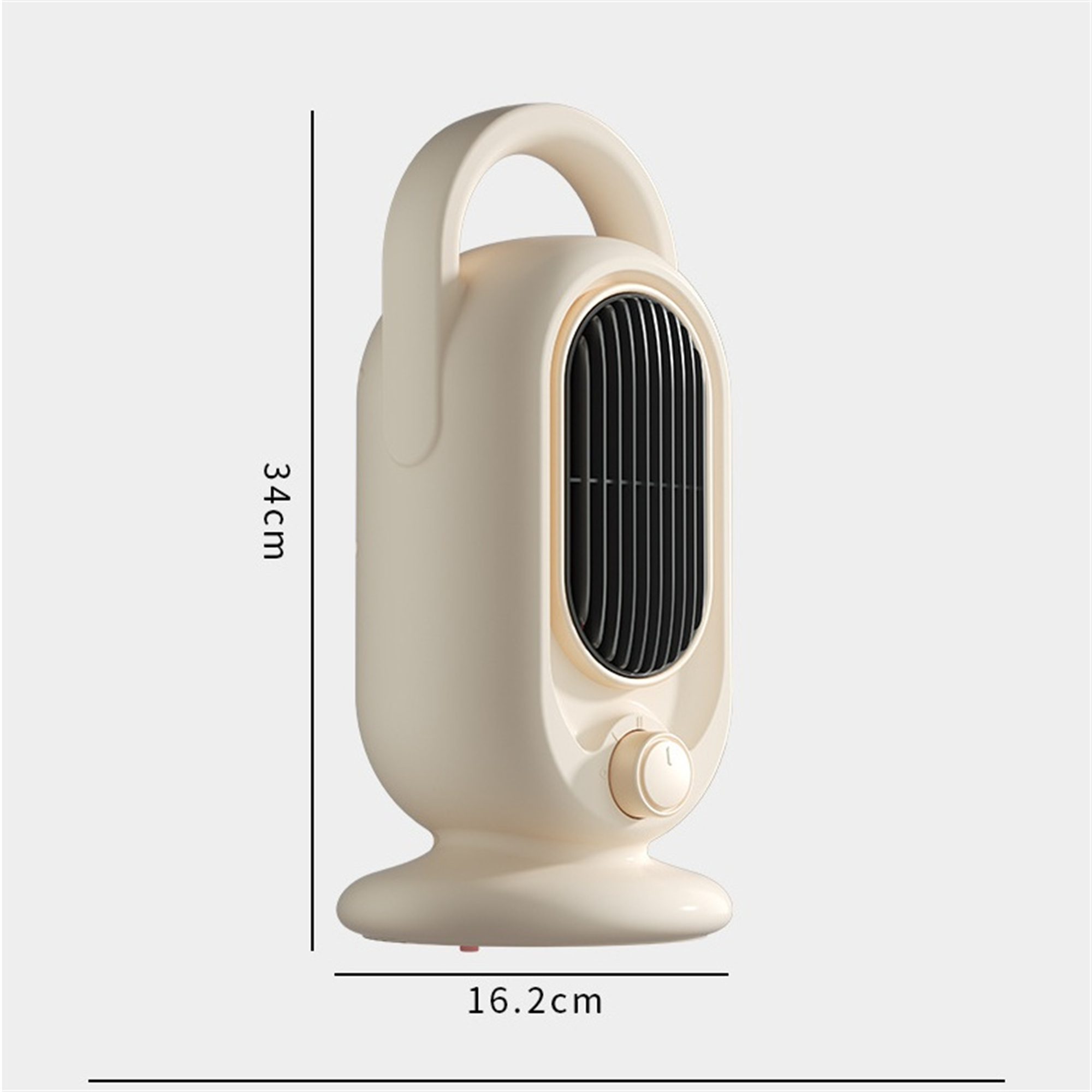 Beigefarbener elektrischer Ventilator mit Griff. Er hat ein schwarzes Gitter, ein Zifferblatt und Maße.
