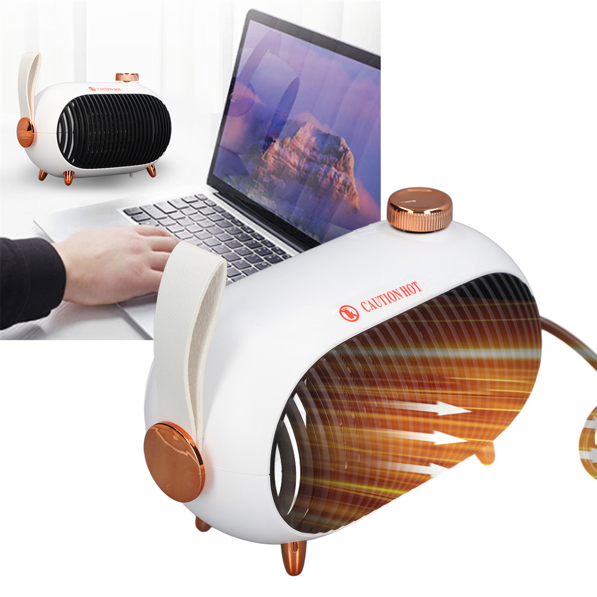 Ein weißer und kupferfarbener elektrischer Heizlüfter mit Griff, in der Nähe eines Laptops und einer Hand.