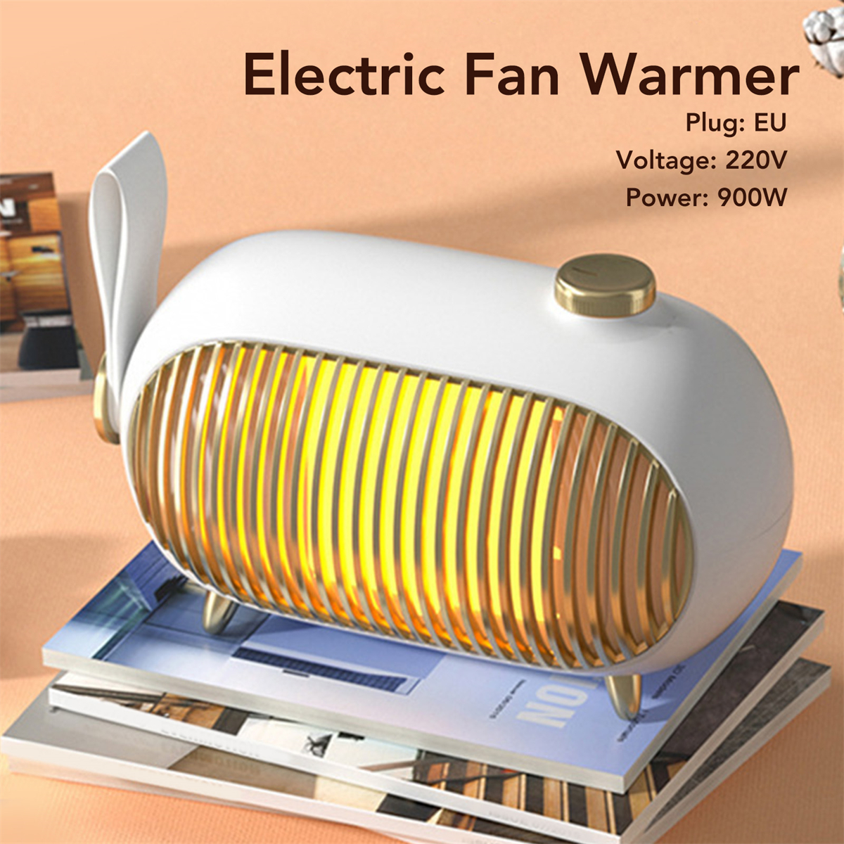 Weißer elektrischer Heizlüfter mit goldenem Ventilator und Sockel auf einem Stapel Zeitschriften.