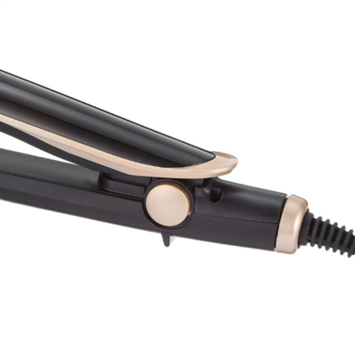 Ein schwarzer und goldener Haarglätter, der den Griff mit Knopf und die Heizplatten zeigt.