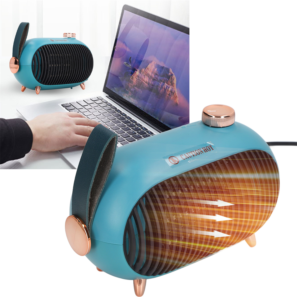 Blaues Elektroheizgerät mit Griff, Laptop und Hand, die den Laptop benutzt, in hellem Raum.