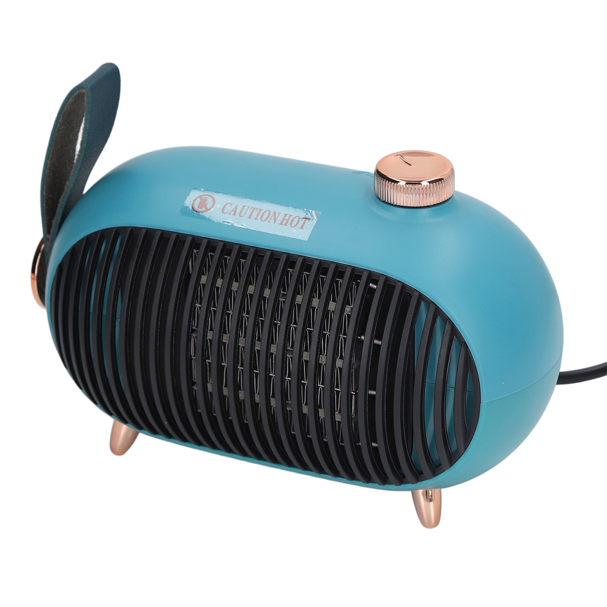 Ein türkisblauer Heizlüfter mit schwarzem Grill, goldenen Akzenten und einem niedlichen Hasenohrgriff.