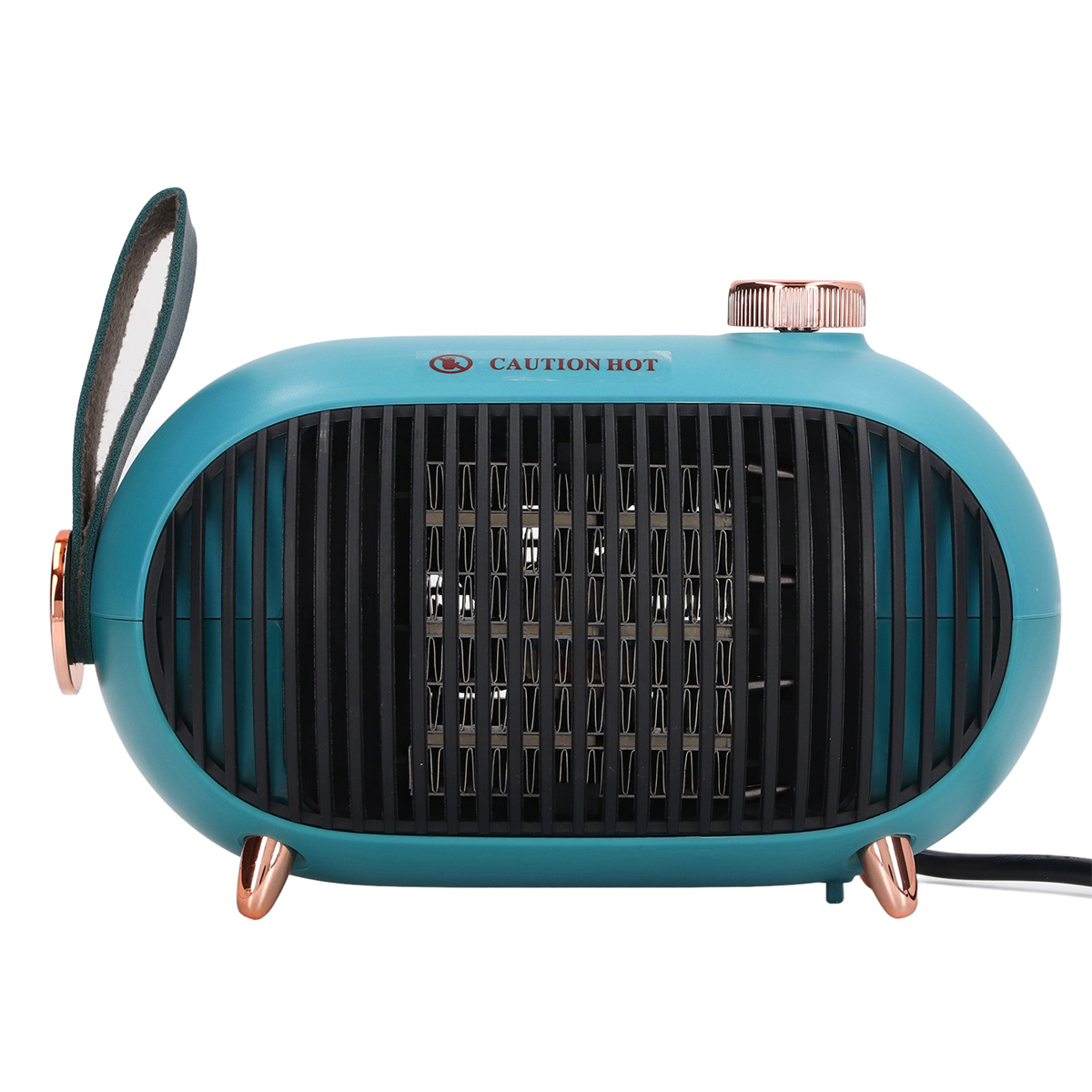 Ovale teal Heizung mit schwarzem Grill, roségold Akzenten und Griff.