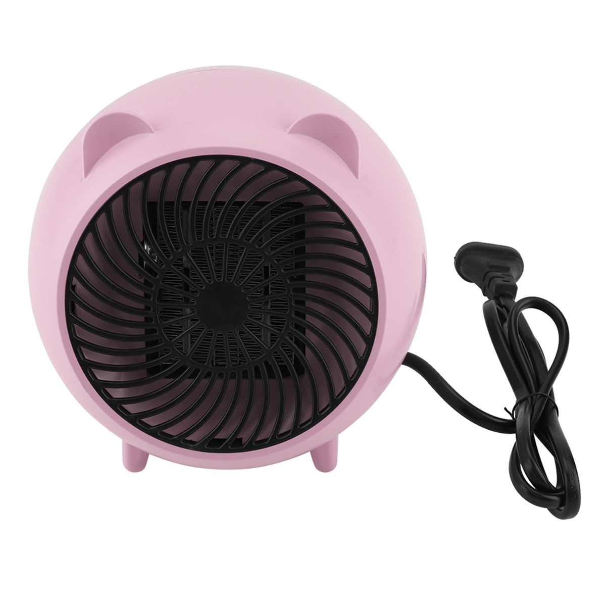 Ein rosa, runder elektrischer Heizlüfter mit ohrenartigen Merkmalen und einem schwarzen Lüfter.