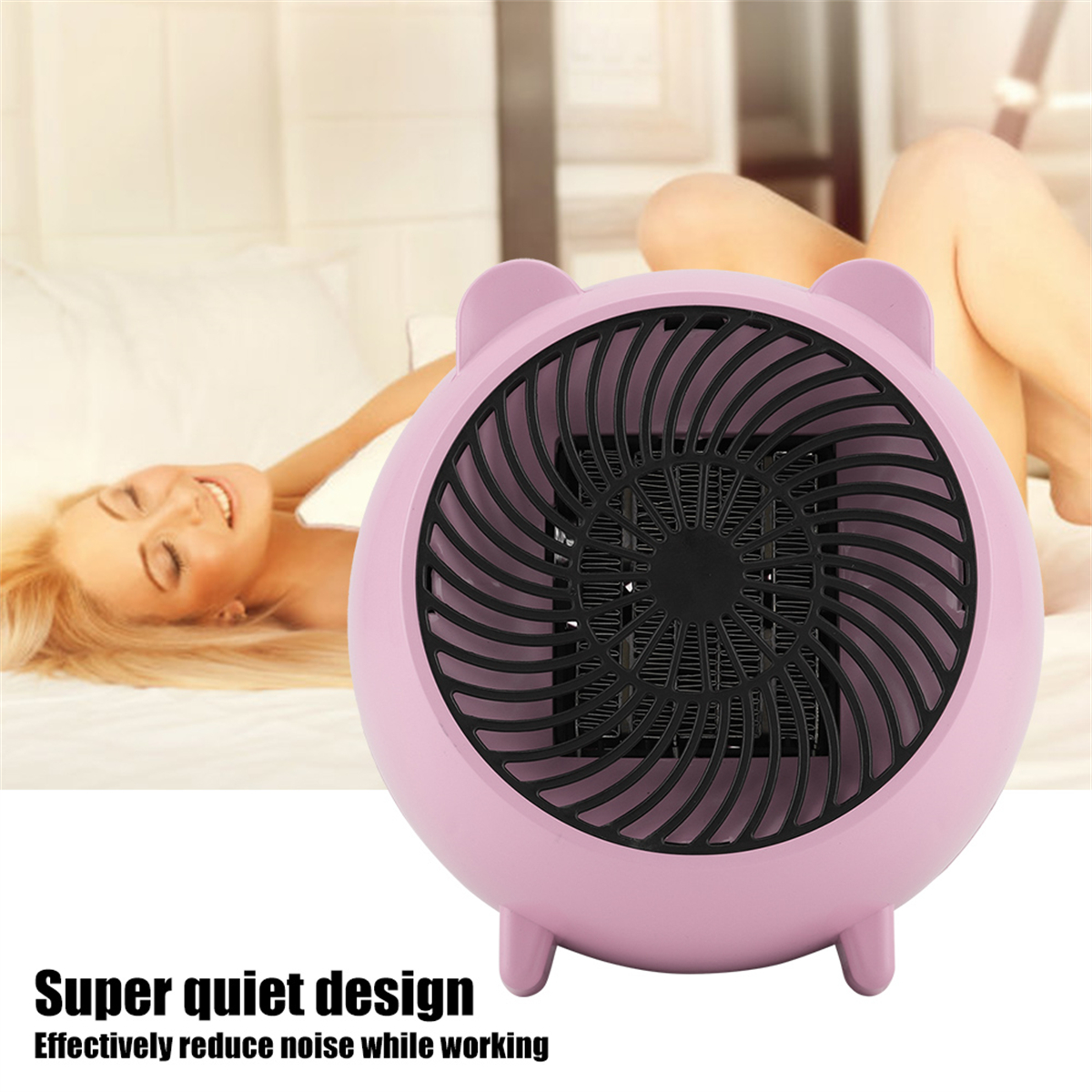 Rosa, runder Heizlüfter mit schwarzem Spiraldesign. Im Hintergrund liegt eine Frau auf einem Bett.
