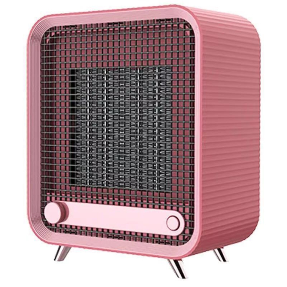 Eine rosa quadratische Heizung mit einem schwarzen Grill und silbernen Beinen.
