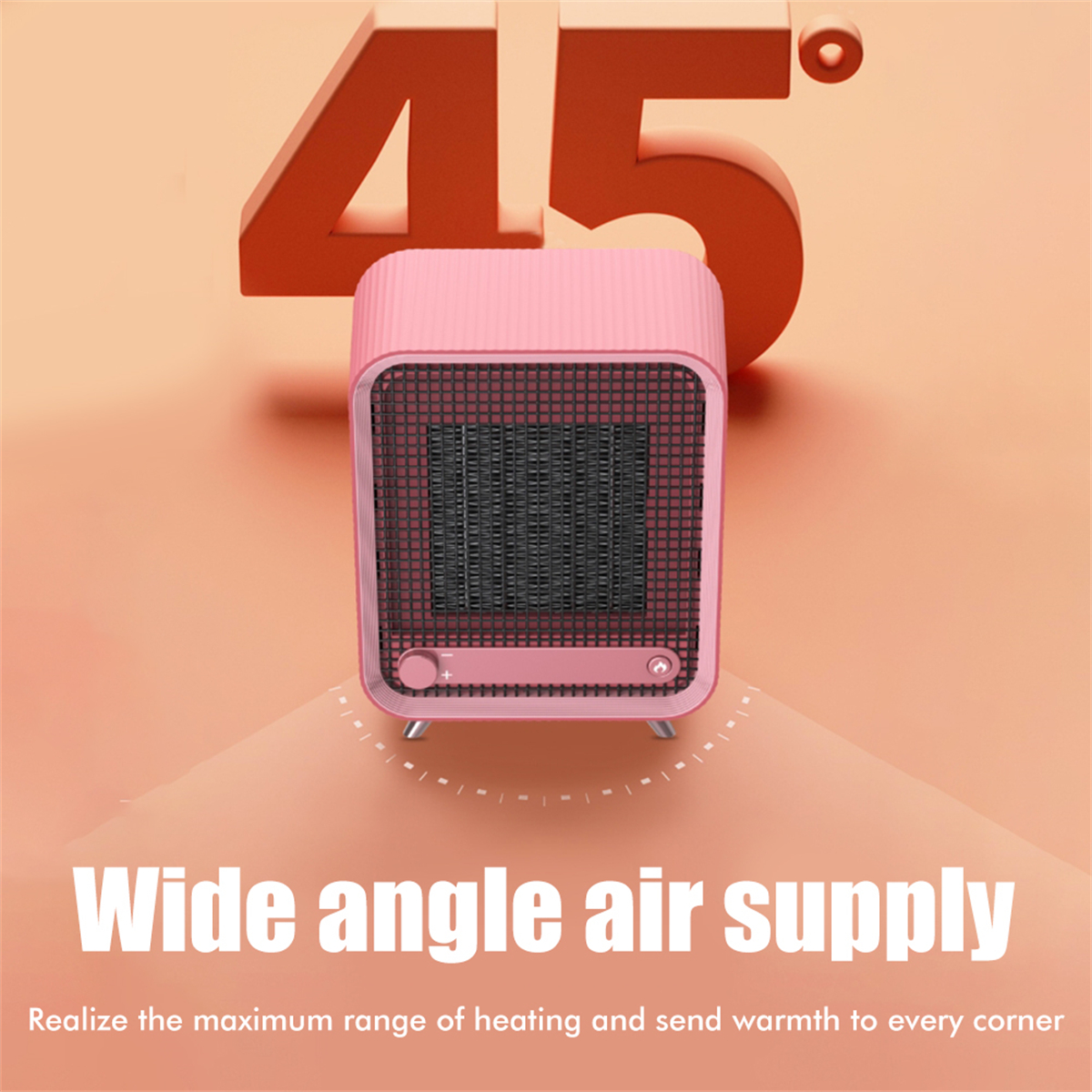 Ein rosa Heizgerät mit schwarzem Gitter, beschriftet mit '45°'. Text: Weitwinkel-Luftzufuhr. Oranger Farbverlauf.