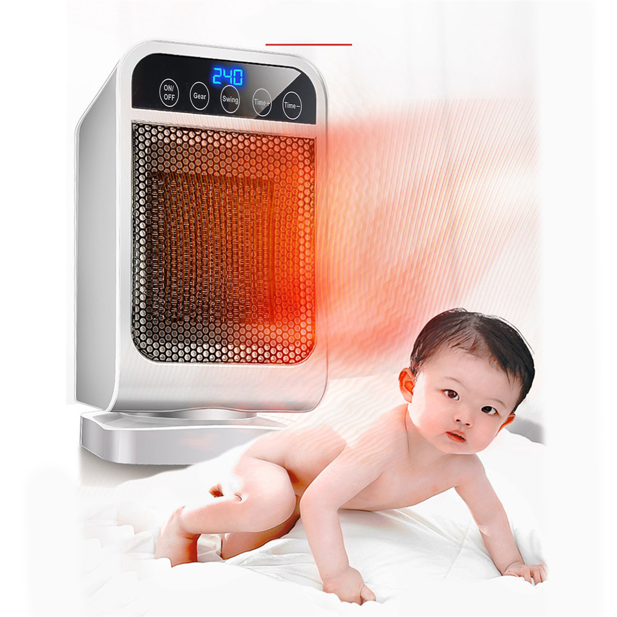 Weißer Heizer, Baby auf dem Boden, rotes Leuchten. Anzeige zeigt 240. Auf weißem Laken.
