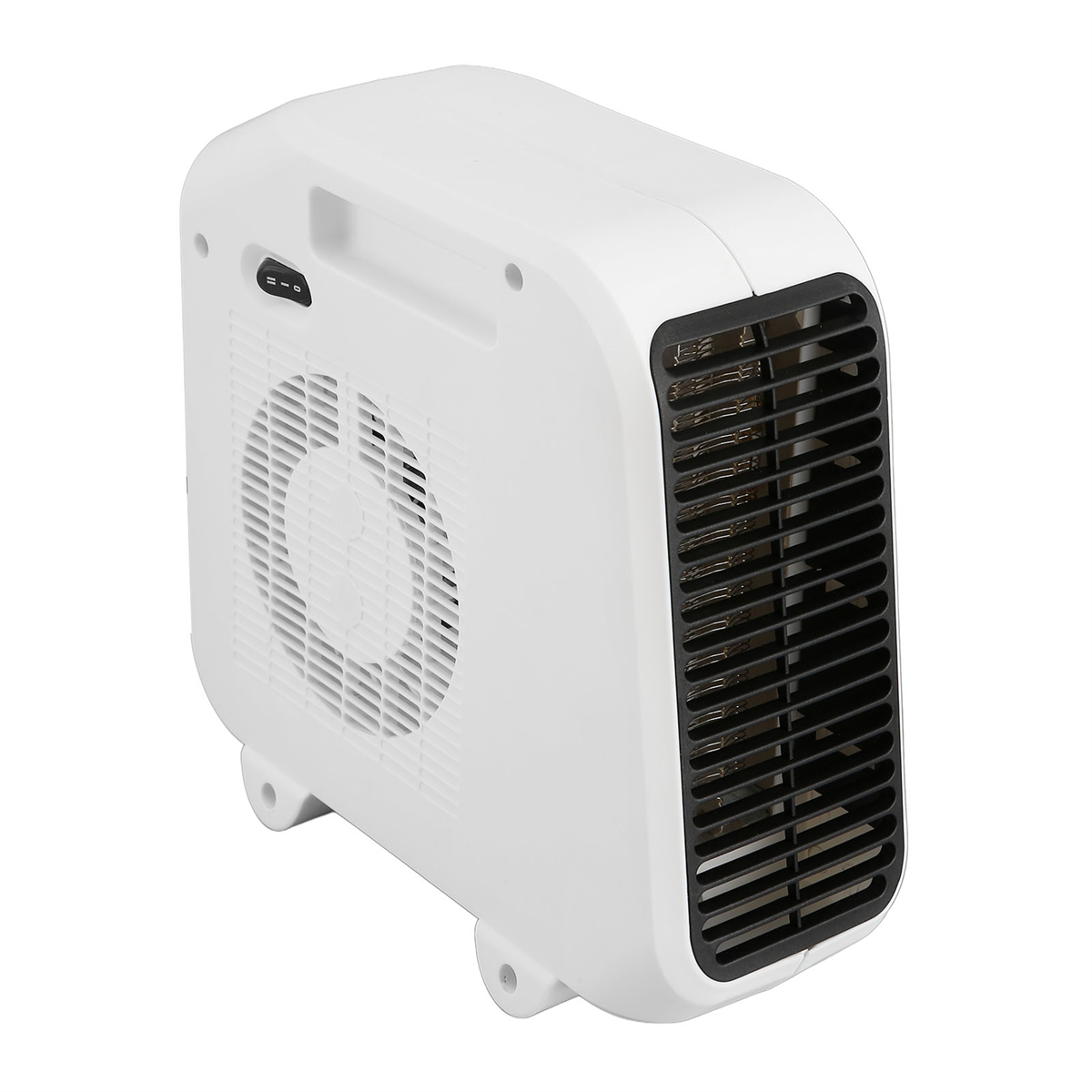 Ein weißer elektrischer Heizlüfter mit Ventilator. Er hat eine abgerundete Oberseite und eine rechteckige Front mit Lüftungsschlitzen.