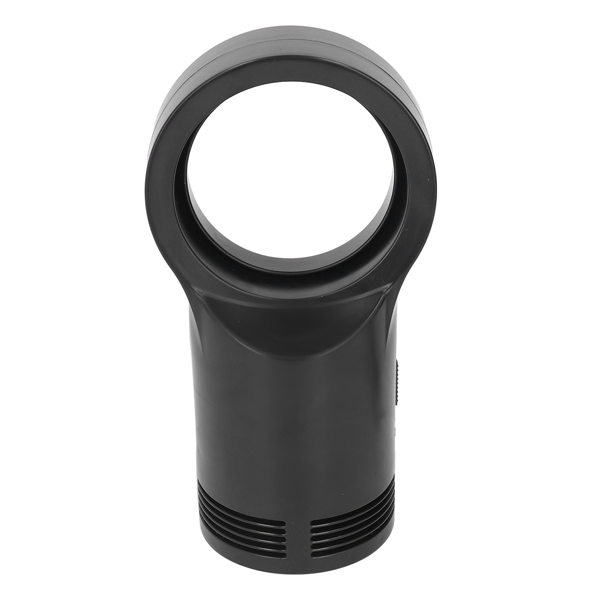 Schwarzer Ventilator mit Ringform und Sockel. Es hat ein offenes kreisförmiges Design.