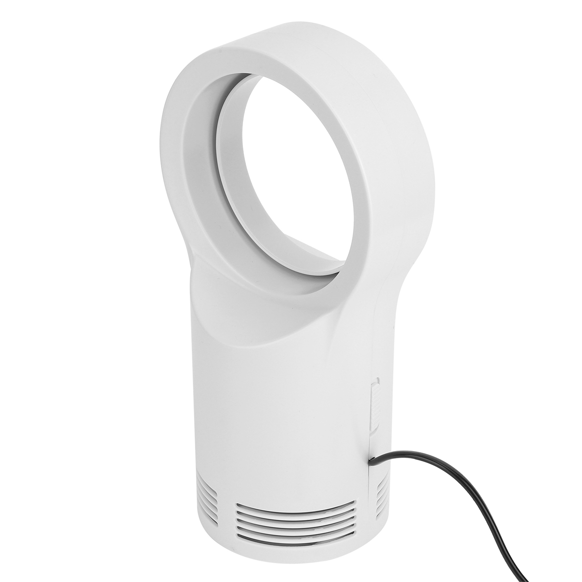Ein weißer, blattloser Ventilator mit einer kreisförmigen Öffnung oben und einem gebogenen Sockel.