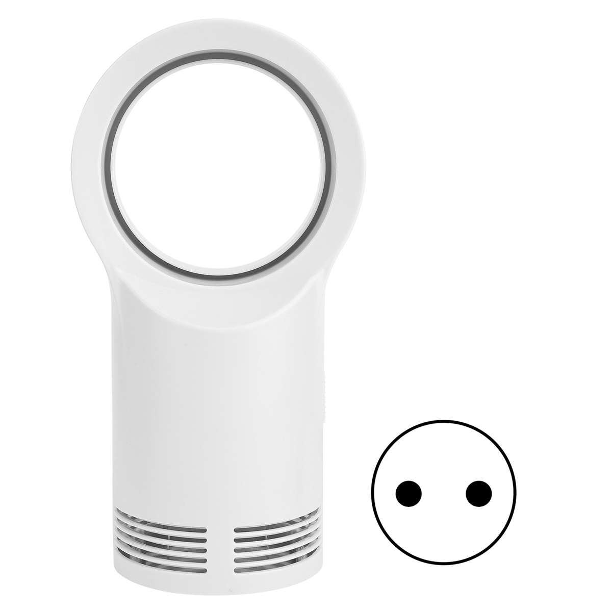 Ein weißes, kreisförmiges, ventilatorähnliches Gerät mit Netzstecker und einem Kreis mit 2 Punkten daneben.