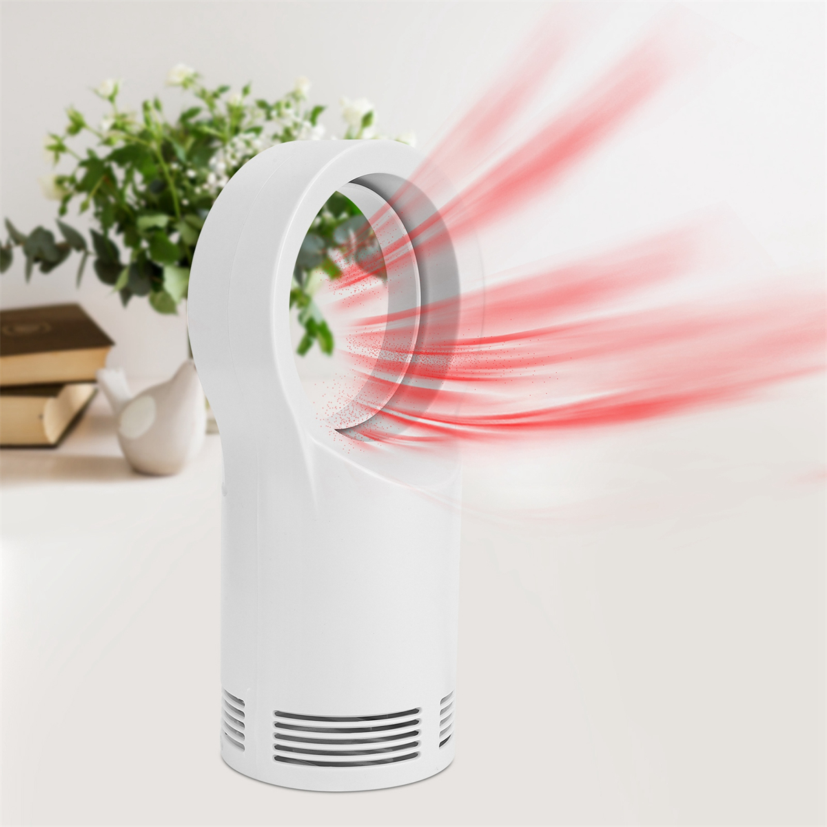 Weißer Ventilator mit rotem Luftstrom. Weißer Körper und roter Luftstrom. Auf weißem Tisch.